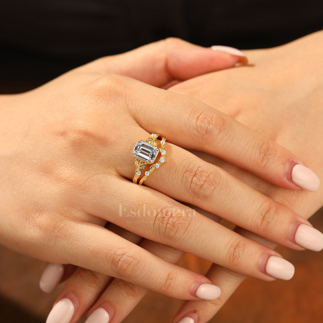 Unique Leaf-inspired Emerald Cut Lab Grown Diamond Bridal Ring Set 2pcs 14K Solid Gold Lab Diamond Rings (IGI Certified)