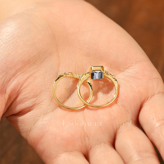 Unique Leaf-inspired Emerald Cut Lab Grown Diamond Bridal Ring Set 2pcs 14K Solid Gold Lab Diamond Rings (IGI Certified)