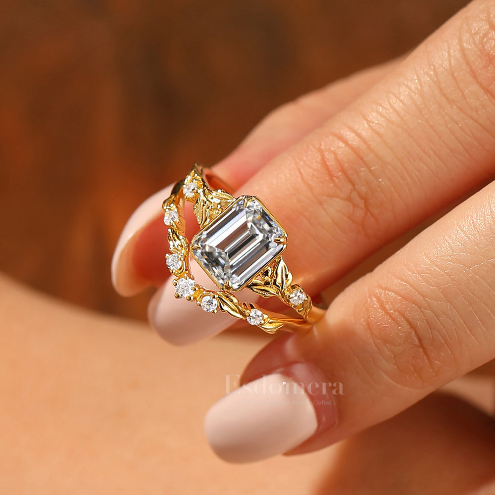 Unique Leaf-inspired Emerald Cut Lab Grown Diamond Bridal Ring Set 2pcs 14K Solid Gold Lab Diamond Rings (IGI Certified)