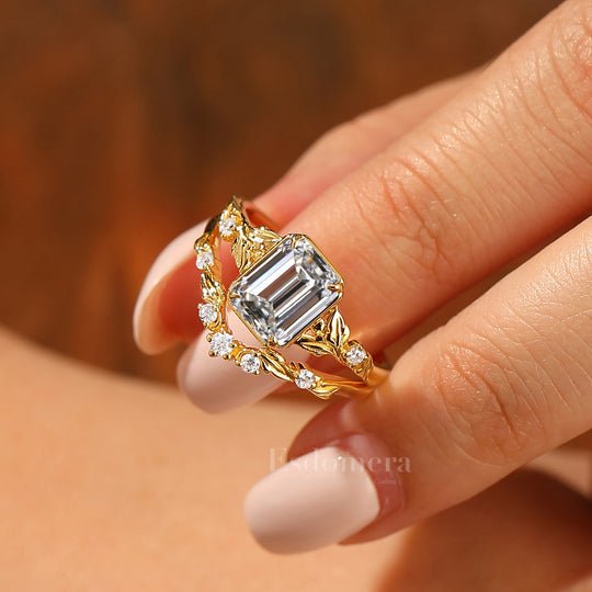 Unique Leaf-inspired Emerald Cut Lab Grown Diamond Bridal Ring Set 2pcs 14K Solid Gold Lab Diamond Rings (IGI Certified)