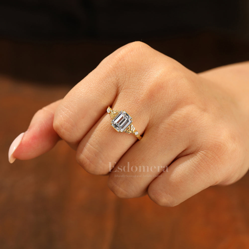 2CT Leaf-inspired Emerald Cut Lab Grown Diamond Bridal Ring Prongs Set Lab Diamond Ring (IGI Certified)