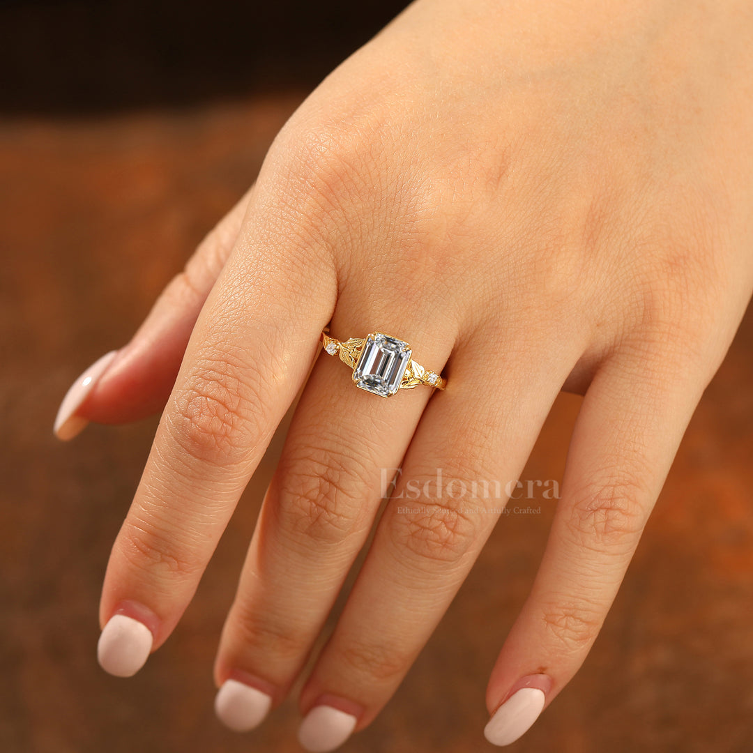 2CT Anillo de compromiso con diamante cultivado en laboratorio corte esmeralda inspirado en hoja, juego de garras, anillo con diamante de laboratorio (Certificado IGI)