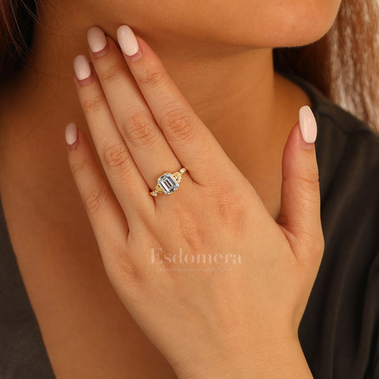 2CT Anillo de compromiso con diamante cultivado en laboratorio corte esmeralda inspirado en hoja, juego de garras, anillo con diamante de laboratorio (Certificado IGI)