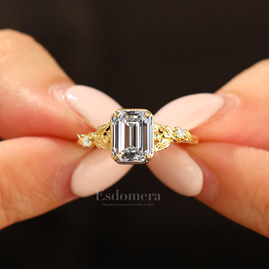 2CT Anillo de compromiso con diamante cultivado en laboratorio corte esmeralda inspirado en hoja, juego de garras, anillo con diamante de laboratorio (Certificado IGI)