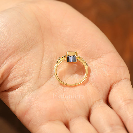 2CT Anillo de compromiso con diamante cultivado en laboratorio corte esmeralda inspirado en hoja, juego de garras, anillo con diamante de laboratorio (Certificado IGI)