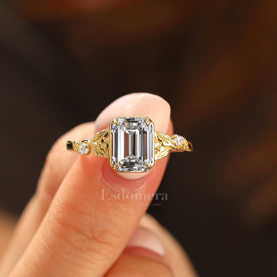 2CT Anillo de compromiso con diamante cultivado en laboratorio corte esmeralda inspirado en hoja, juego de garras, anillo con diamante de laboratorio (Certificado IGI)