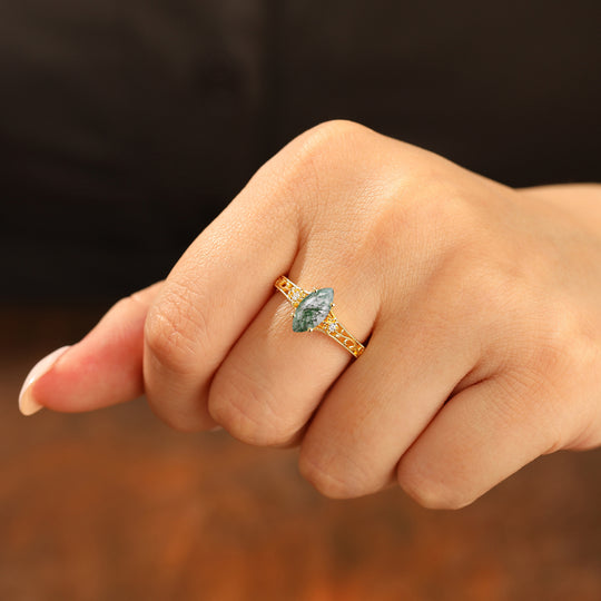 Openwork Blumen Marquise Schliff Grüner Moosachat Verlobungsring Vintage Filigranring für Damen