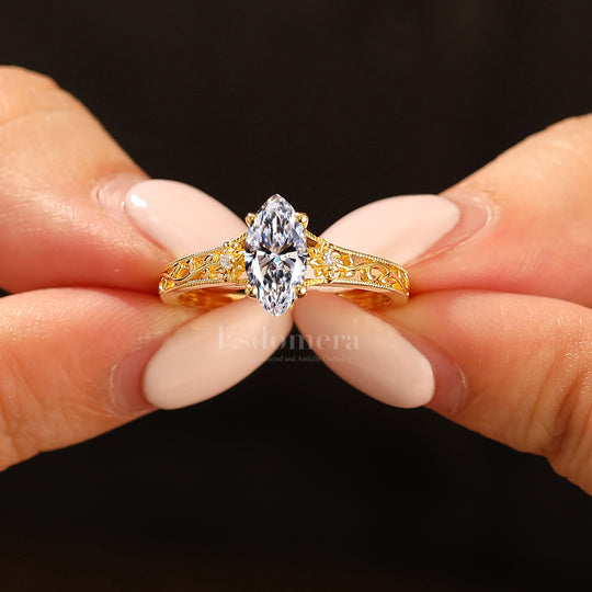 14K Dainty Vintage Floral Marquise Lab Grown Diamond Engagement Ring Filigree Wedding Ring Yellow Gold Wedding Ring (IGI Certified) -  Esdomera.com