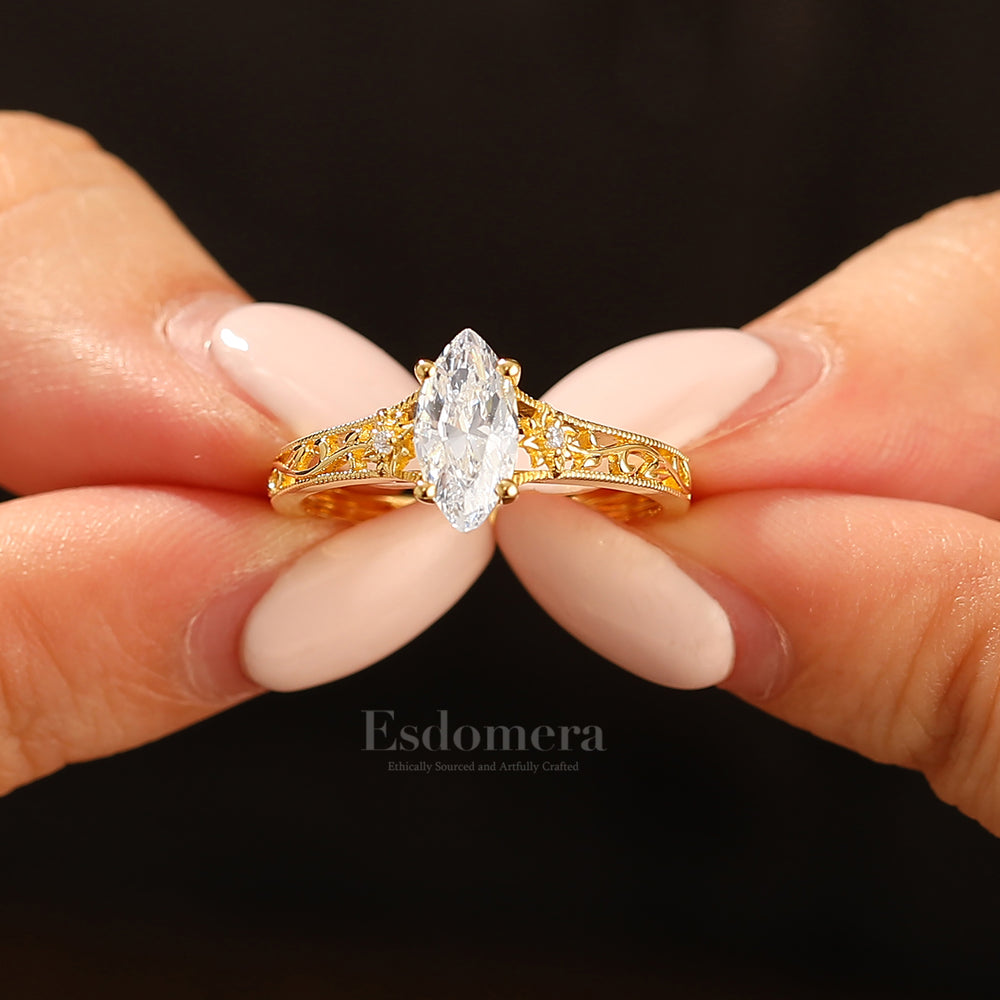 Openwork Filigree Marquise Cut Moissanite Ring Floral Vine Motif Yellow Gold Moissanite Bridal Ring