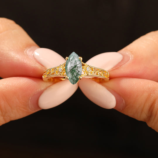 Openwork Blumen Marquise Schliff Grüner Moosachat Verlobungsring Vintage Filigranring für Damen