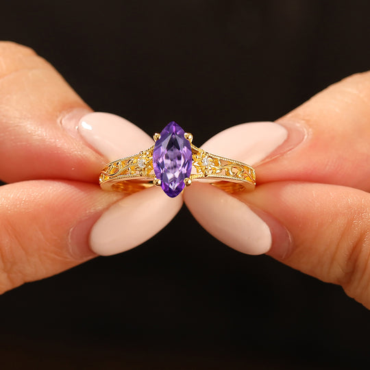 Brilliant Amethyst Engagement Ring Openwork Floral Vine Design Ring For Women