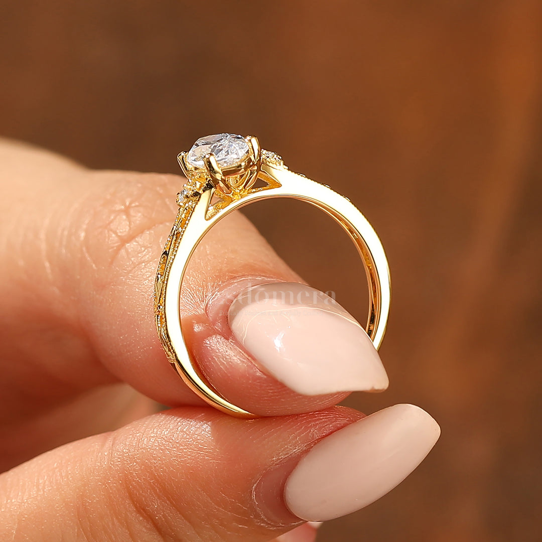 Openwork Filigrane Bague Marquise Taille Moissanite Motif Vigne Florale Bague de Mariage Moissanite Or Jaune