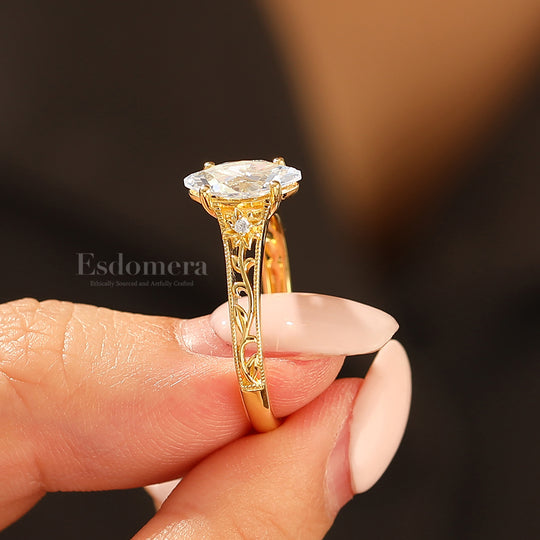 Openwork Filigrane Bague Marquise Taille Moissanite Motif Vigne Florale Bague de Mariage Moissanite Or Jaune