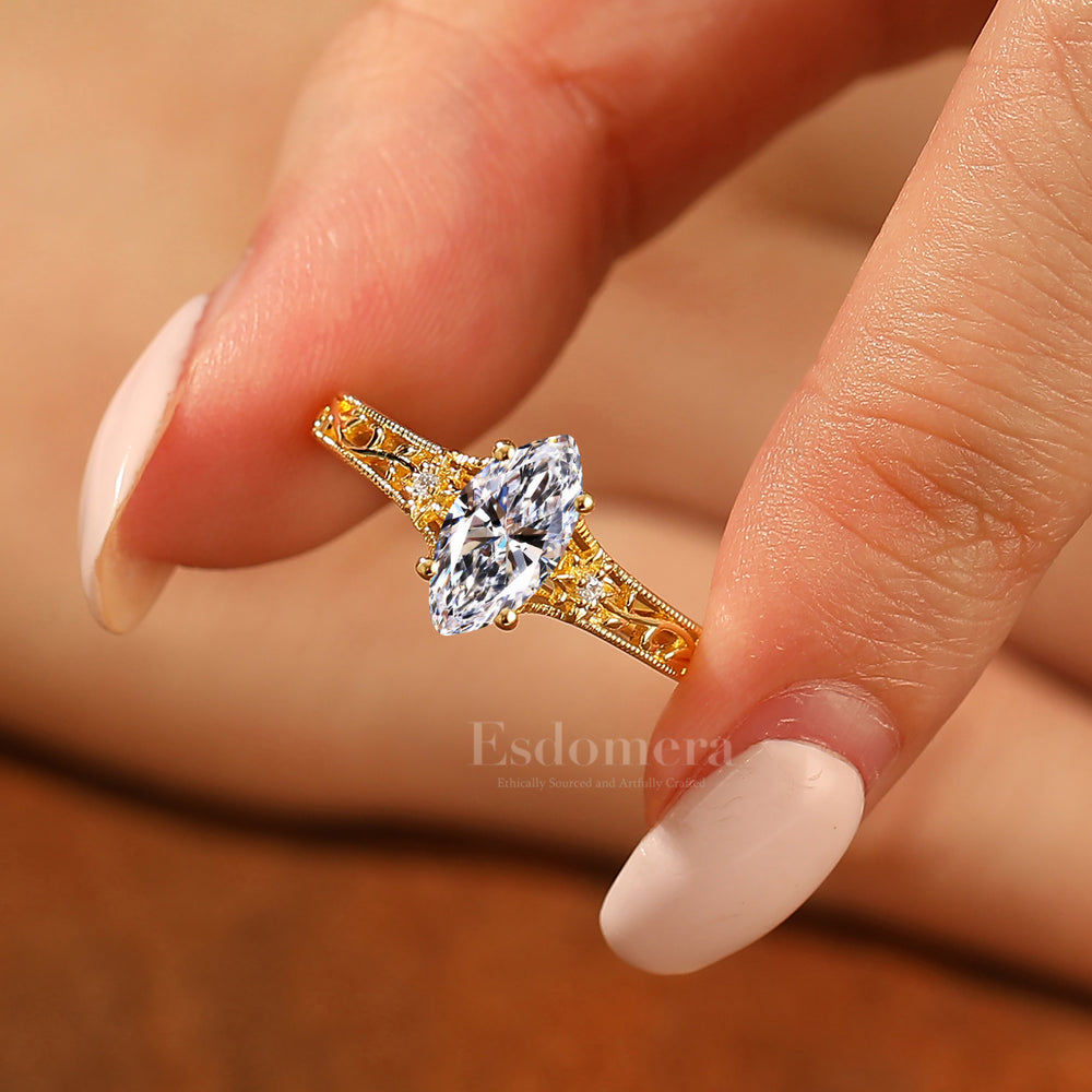 14K Dainty Vintage Floral Marquise Lab Grown Diamond Engagement Ring Filigree Wedding Ring Yellow Gold Wedding Ring (IGI Certified)