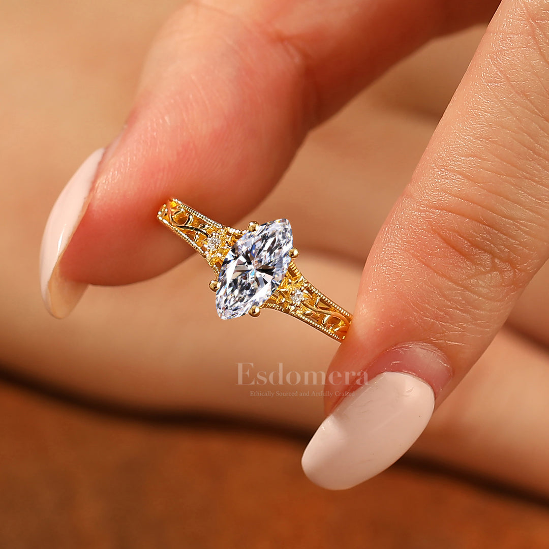 14K Dainty Vintage Floral Marquise Lab Grown Diamond Engagement Ring Filigree Wedding Ring Yellow Gold Wedding Ring (IGI Certified) -  Esdomera.com
