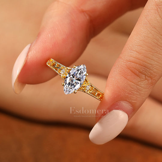14K Dainty Vintage Floral Marquise Lab Grown Diamond Engagement Ring Filigree Wedding Ring Yellow Gold Wedding Ring (IGI Certified) -  Esdomera.com