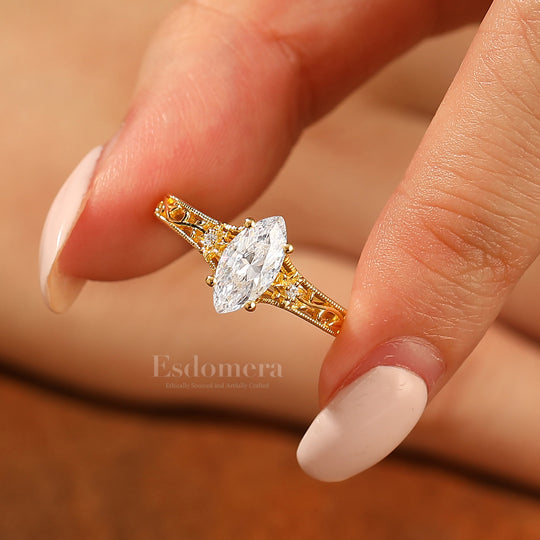 Openwork Filigrane Bague Marquise Taille Moissanite Motif Vigne Florale Bague de Mariage Moissanite Or Jaune