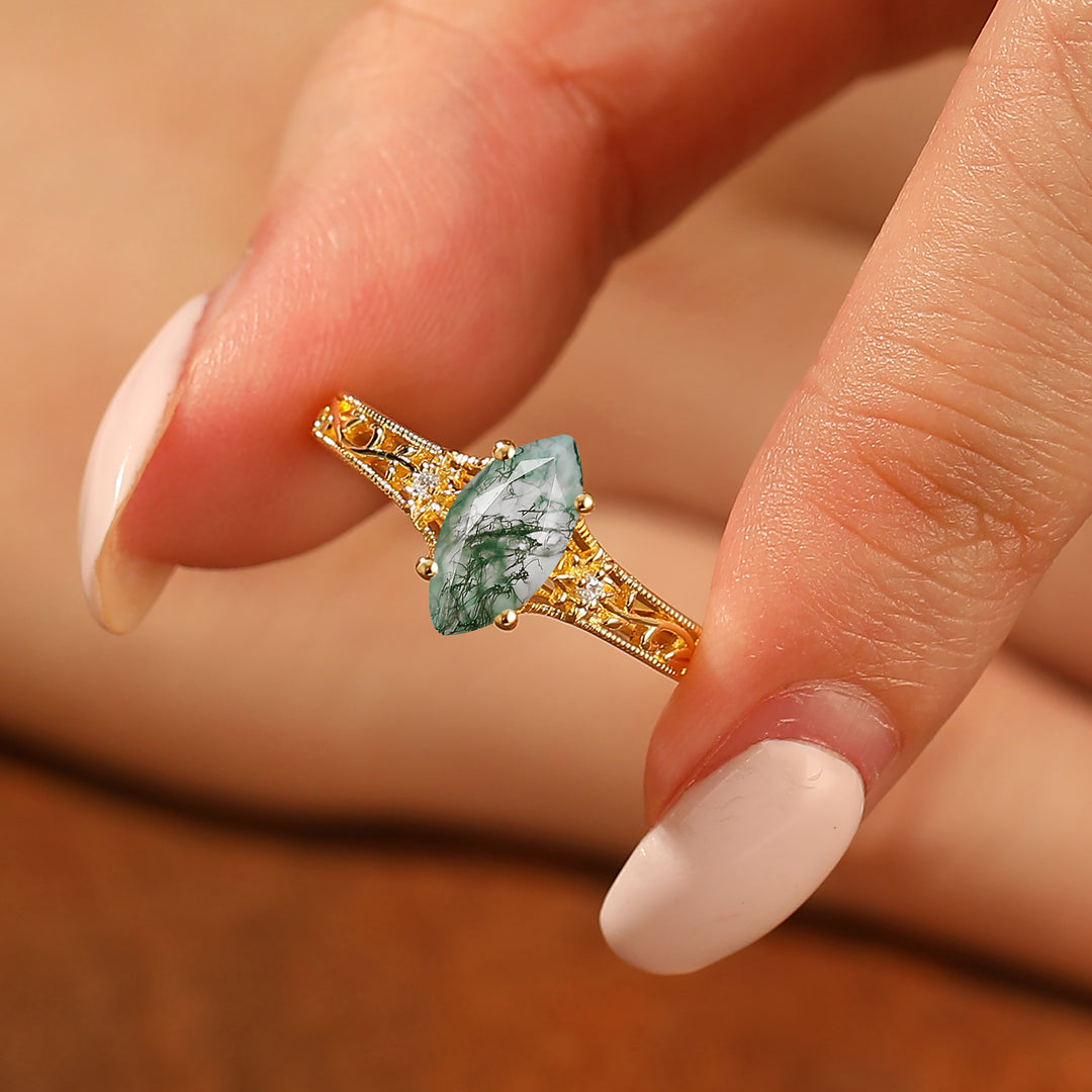 Openwork Blumen Marquise Schliff Grüner Moosachat Verlobungsring Vintage Filigranring für Damen