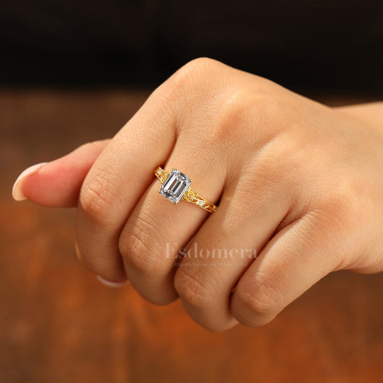 Classic Art Deco 2CT Filigree Emerald Cut Lab Grown Diamond Promise Ring (IGI Certified)