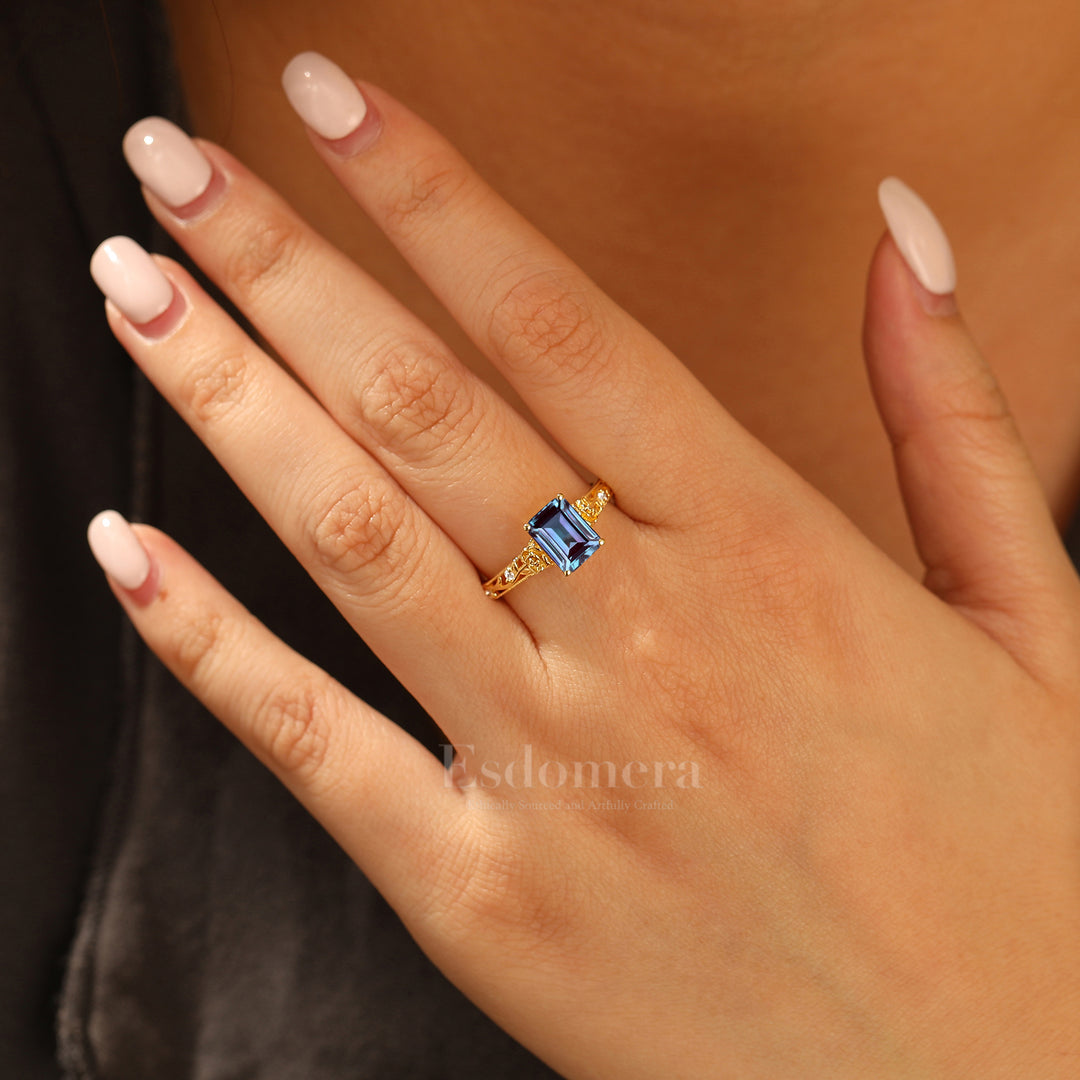 Ornate Filigree Shank Ring Leaf-inspired Emerald Cut 14K Yellow Gold Alexandrite Engagement Ring Filigree Wedding Ring