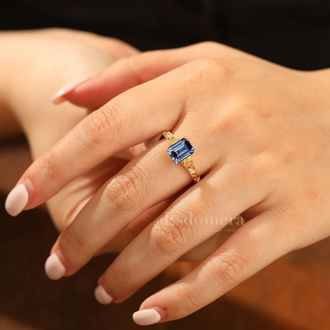 Ornate Filigree Shank Ring Leaf-inspired Emerald Cut 14K Yellow Gold Alexandrite Engagement Ring Filigree Wedding Ring
