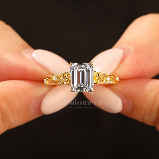 Classic Art Deco 2CT Filigree Emerald Cut Lab Grown Diamond Promise Ring (IGI Certified)