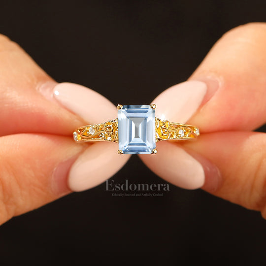 Ornate Filigree Shank Ring Leaf-inspired Emerald Cut 14K Yellow Gold Aquamarine Engagement Ring Filigree Wedding Ring