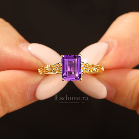 Ornate Filigree Shank Ring Leaf-inspired Emerald Cut 14K Yellow Gold Amethyst Engagement Ring Filigree Wedding Ring
