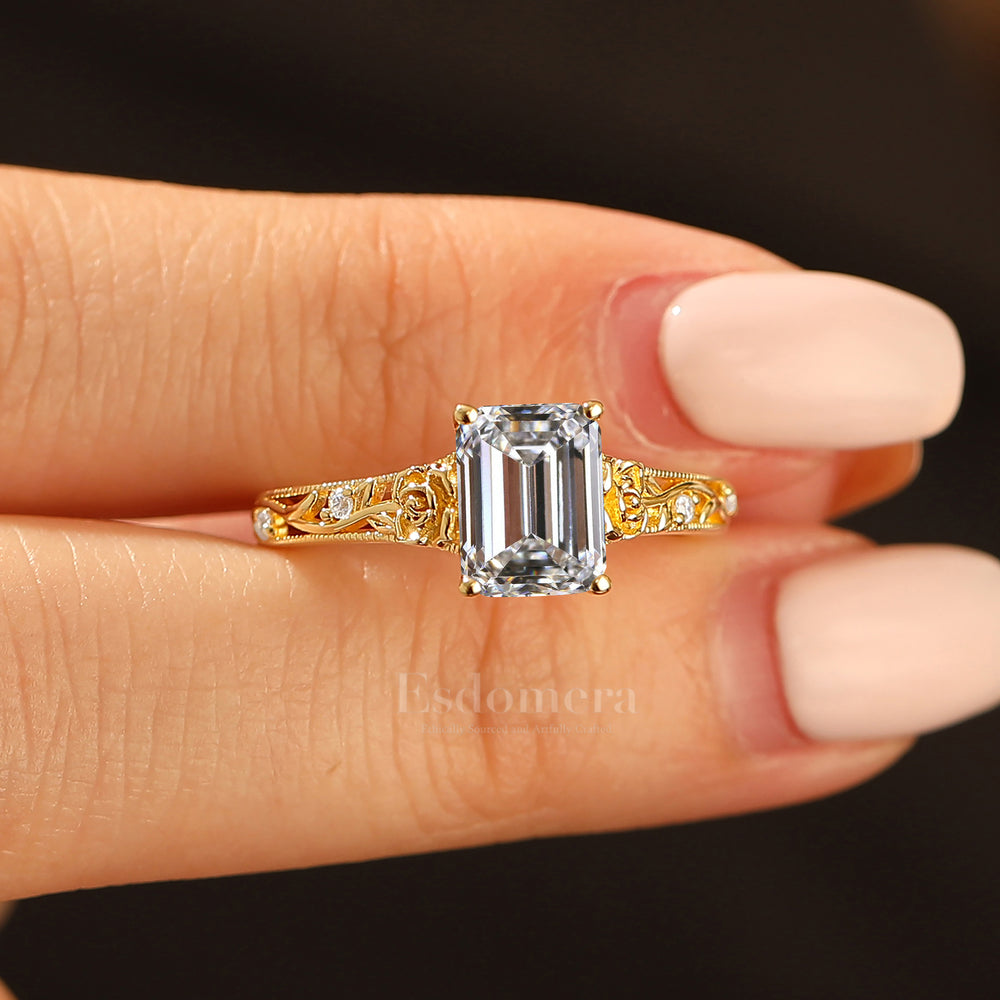 Classic Art Deco 2CT Filigree Emerald Cut Lab Grown Diamond Promise Ring (IGI Certified)
