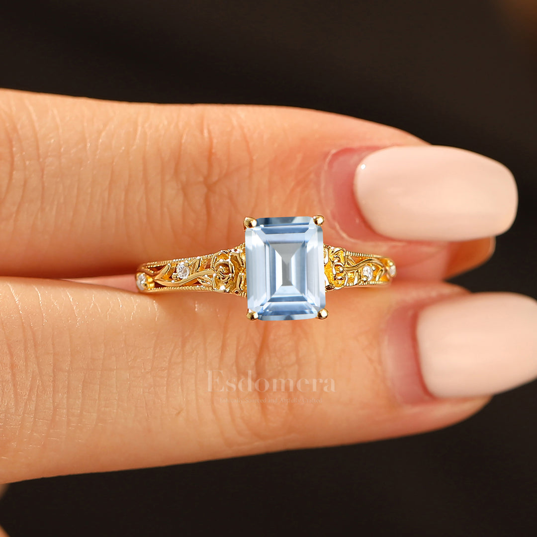 Ornate Filigree Shank Ring Leaf-inspired Emerald Cut 14K Yellow Gold Aquamarine Engagement Ring Filigree Wedding Ring