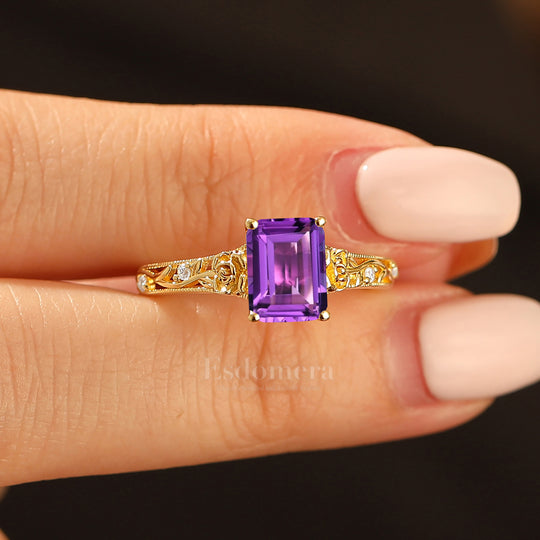 Ornate Filigree Shank Ring Leaf-inspired Emerald Cut 14K Yellow Gold Amethyst Engagement Ring Filigree Wedding Ring