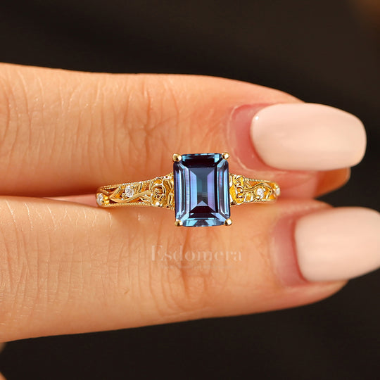 Ornate Filigree Shank Ring Leaf-inspired Emerald Cut 14K Yellow Gold Alexandrite Engagement Ring Filigree Wedding Ring