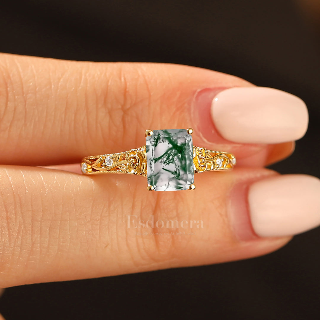 Ornate Filigree Shank Ring Leaf-inspired Emerald Cut 14K Yellow Gold Natural Moss Agate Engagement Ring Filigree Wedding Ring