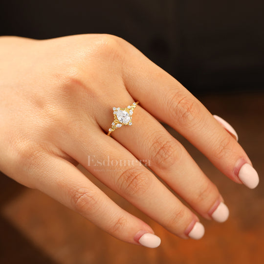 Dainty Pear Cut Moissanite Engagement Ring Solid Yellow Gold Leaf Engraved Women Ring
