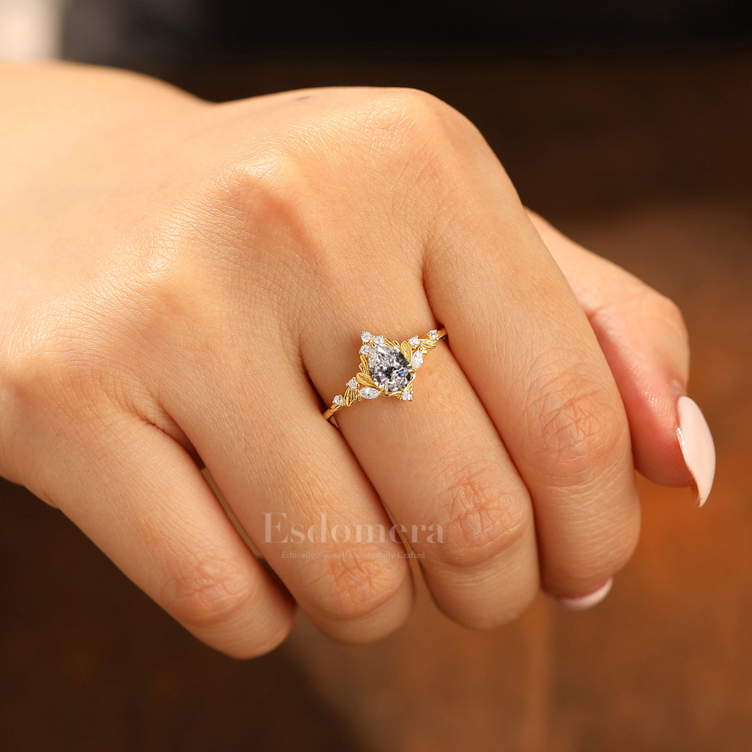 Bague de fiançailles marquise en diamant synthétique inspirée de la nature, bague de mariage en diamant cultivé en laboratoire avec feuille d'or (certifiée IGI)