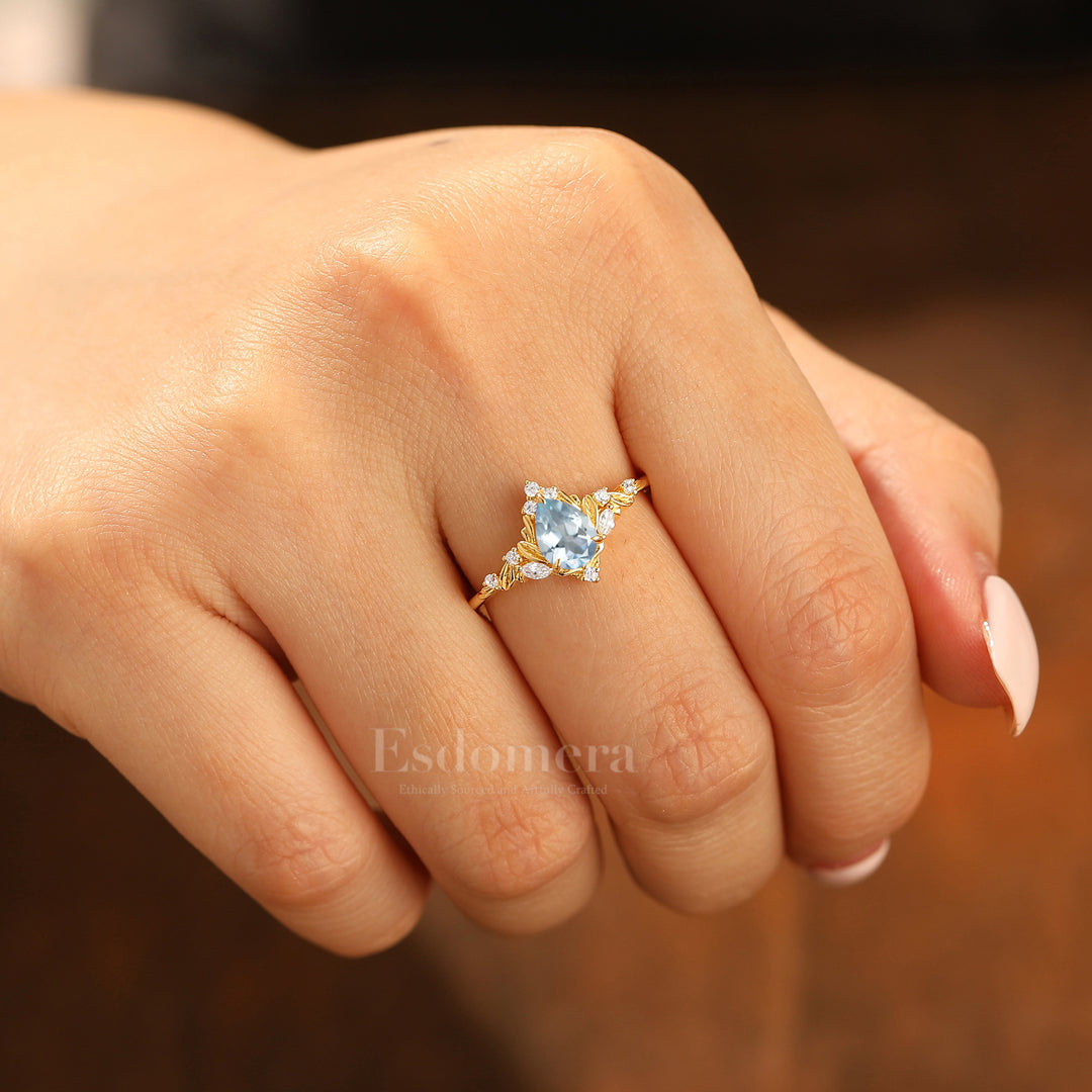 Dainty Pear Cut Aquamarine Engagement Ring Solid Yellow Gold Leaf Engraved Women Ring