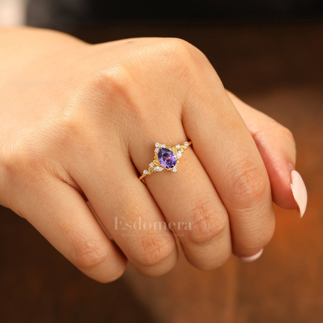 Dainty Pear Cut Amethyst Engagement Ring Solid Yellow Gold Leaf Engraved Women Ring