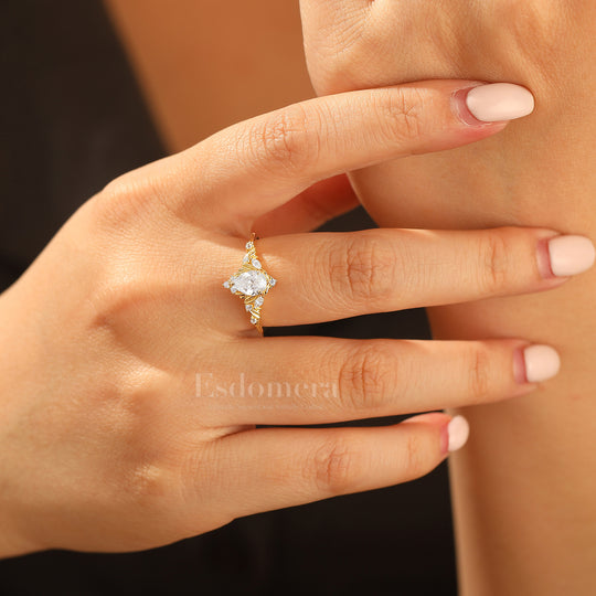 Dainty Pear Cut Moissanite Engagement Ring Solid Yellow Gold Leaf Engraved Women Ring