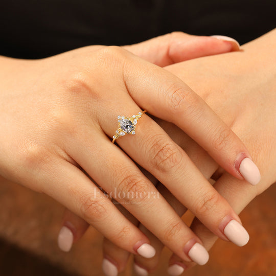 Bague de fiançailles marquise en diamant synthétique inspirée de la nature, bague de mariage en diamant cultivé en laboratoire avec feuille d'or (certifiée IGI)