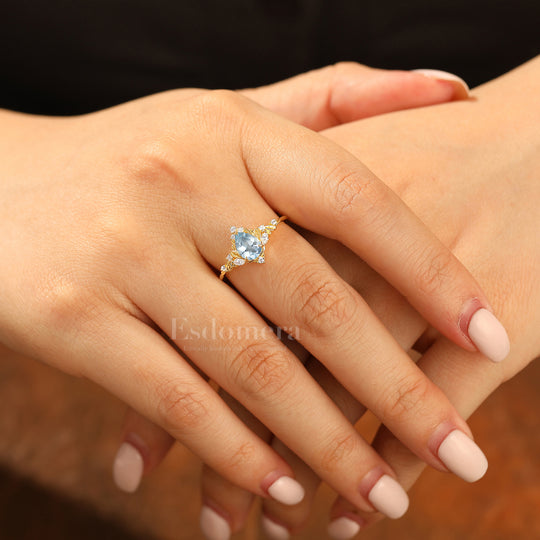 Dainty Pear Cut Aquamarine Engagement Ring Solid Yellow Gold Leaf Engraved Women Ring