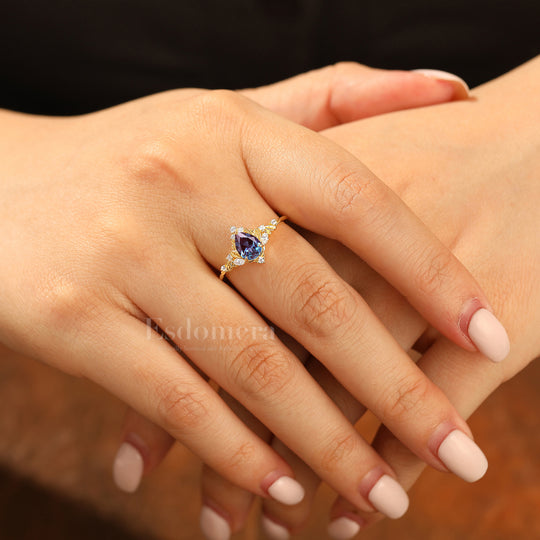 Dainty Pear Cut Alexandrite Engagement Ring Solid Yellow Gold Leaf Engraved Women Ring