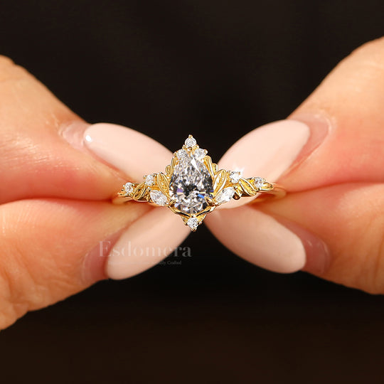 Bague de fiançailles marquise en diamant synthétique inspirée de la nature, bague de mariage en diamant cultivé en laboratoire avec feuille d'or (certifiée IGI)