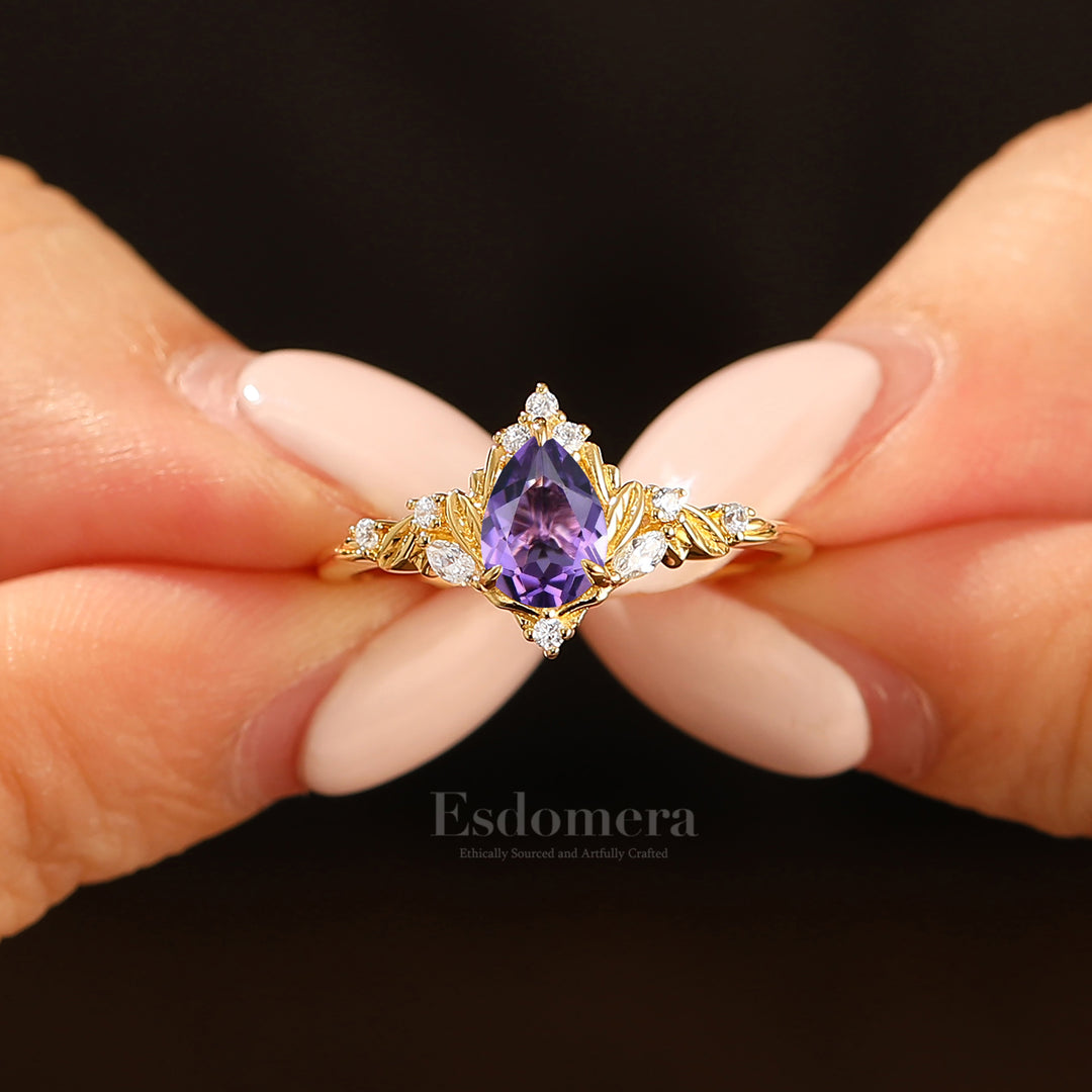 Dainty Pear Cut Amethyst Engagement Ring Solid Yellow Gold Leaf Engraved Women Ring
