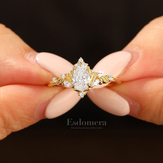 Dainty Pear Cut Moissanite Engagement Ring Solid Yellow Gold Leaf Engraved Women Ring