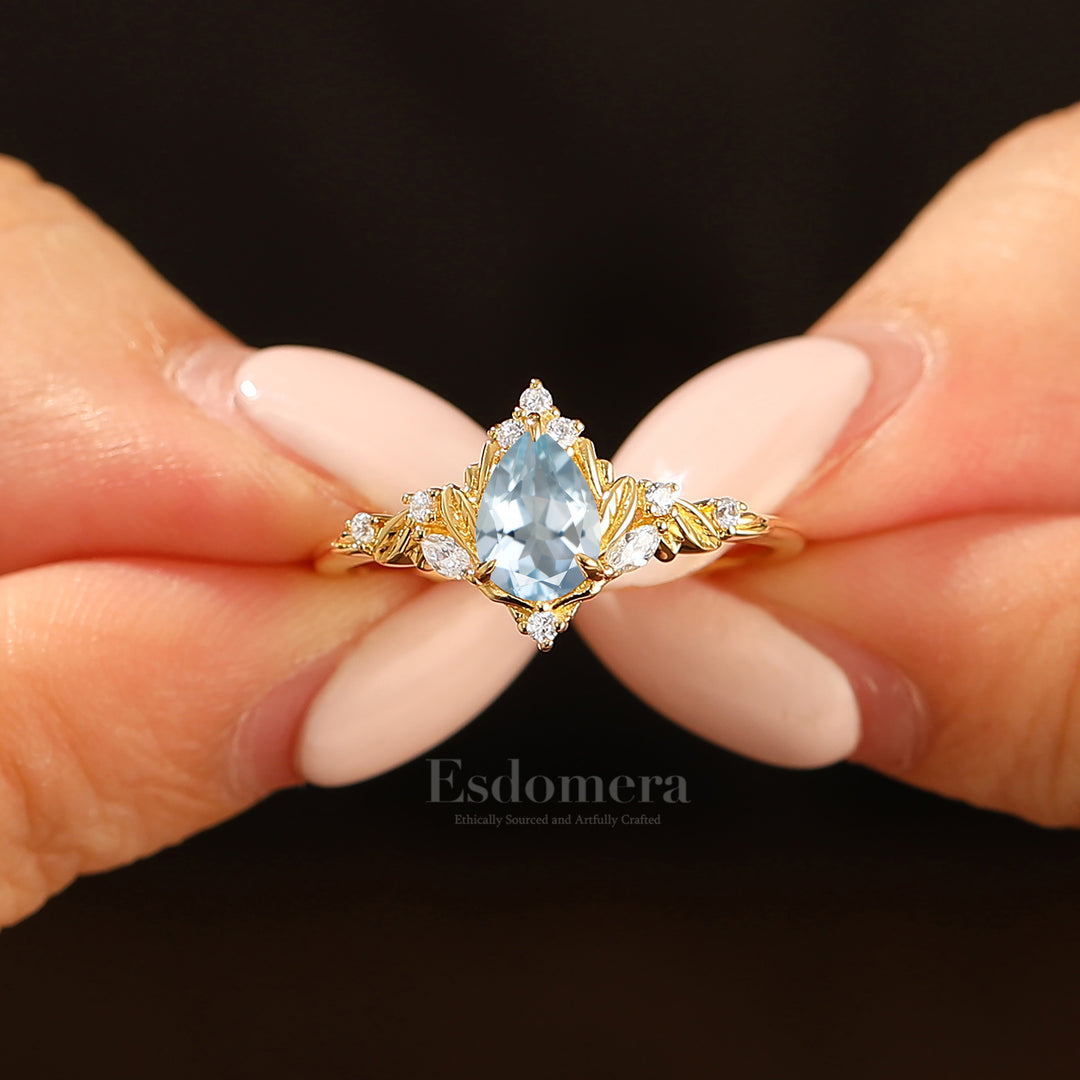 Dainty Pear Cut Aquamarine Engagement Ring Solid Yellow Gold Leaf Engraved Women Ring