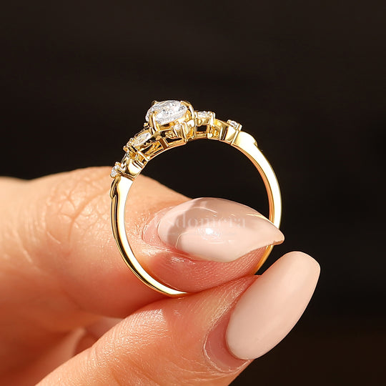 Dainty Pear Cut Moissanite Engagement Ring Solid Yellow Gold Leaf Engraved Women Ring