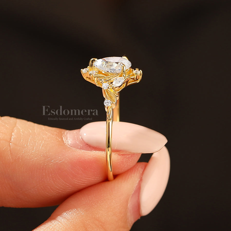 Dainty Pear Cut Moissanite Engagement Ring Solid Yellow Gold Leaf Engraved Women Ring