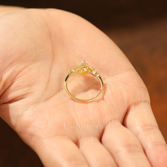 Bague de fiançailles marquise en diamant synthétique inspirée de la nature, bague de mariage en diamant cultivé en laboratoire avec feuille d'or (certifiée IGI)