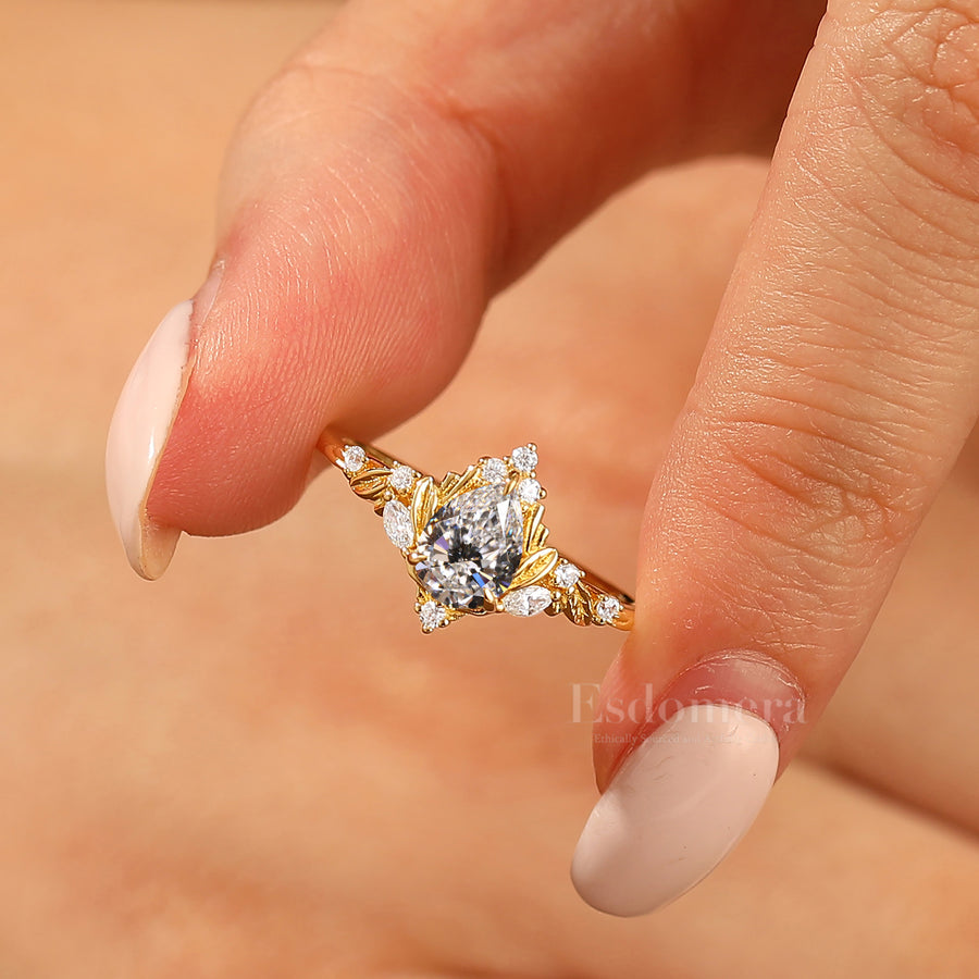 Nature Inspired Marquise Lab Diamond Engagement Ring Gold Leaf Lab Grown Diamond Wedding Ring (IGI Certified)