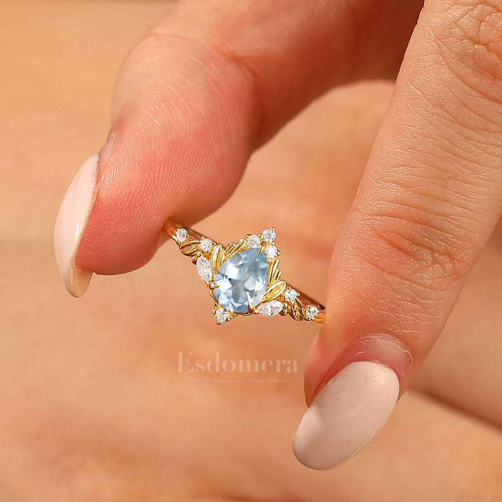 Dainty Pear Cut Aquamarine Engagement Ring Solid Yellow Gold Leaf Engraved Women Ring